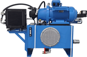Blaues Hydraulikaggregat mit Motor, Ölkühler und Behälter