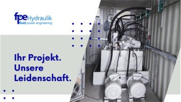 Hydraulikaggregat in einer Anlage mit dem Text Ihr Projekt. Unsere Leidenschaft