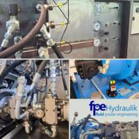 Collage aus Hydraulikleitungen, Ventilen, Manometern und montierten Baugruppen